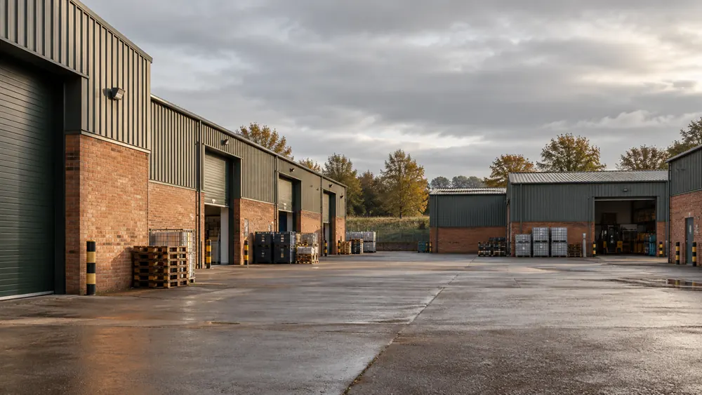 Brick and steel industrial units around a commercial loading yard
