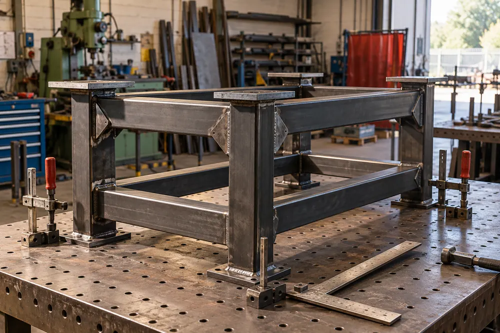 Bespoke welded steel support frame held on a fabrication table