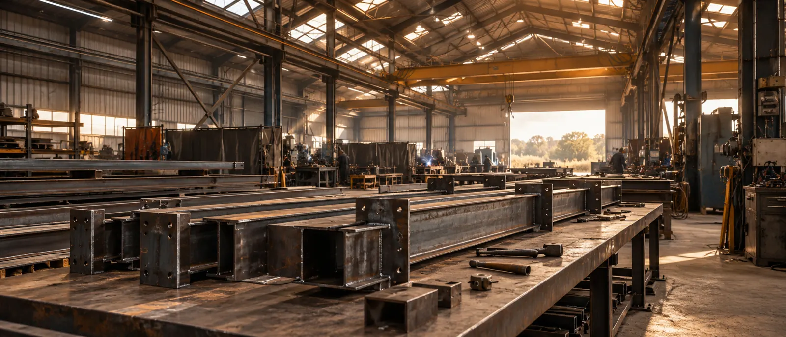 Steel sections and fabrication benches in a sunlit industrial workshop