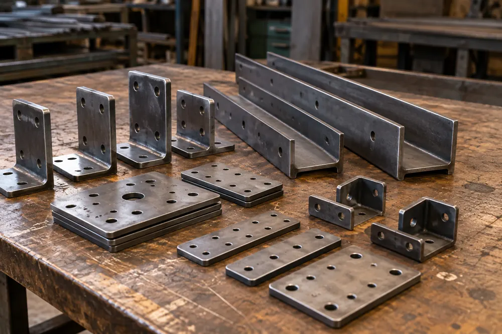 Drilled brackets, mounting plates and steel channels on a workbench