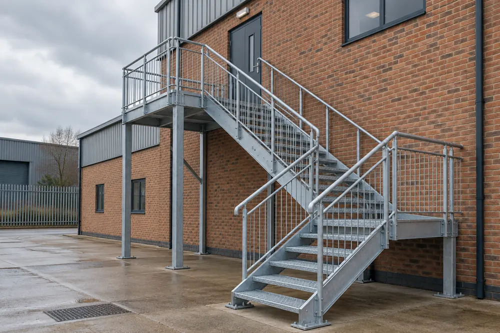 External galvanised steel staircase and guarding at a commercial building