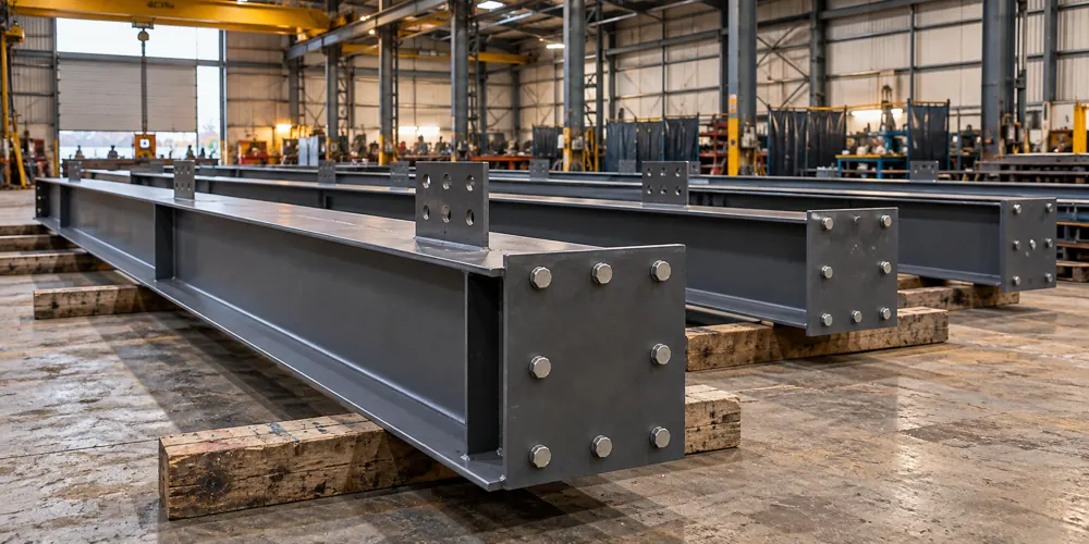 Fabricated steel beams with drilled connection plates on workshop bearers